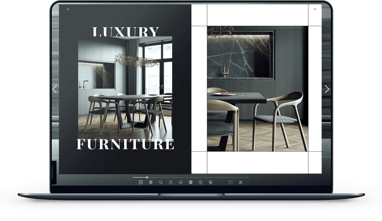Laptop zeigt ein digitales Exposé zum Durchblättern, links eine Titelseite mit der Aufschrift Luxury Furniture über einem dunklen Essbereich, rechts ein Foto desselben Raums
