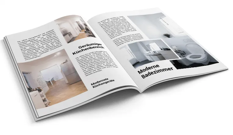 Aufgeschlagenes Exposé-Magazin mit Fotos einer hellen Küche und eines modernen Badezimmers, dazu die Überschriften Geräumiger Küchenbereich und Moderne Badezimmer