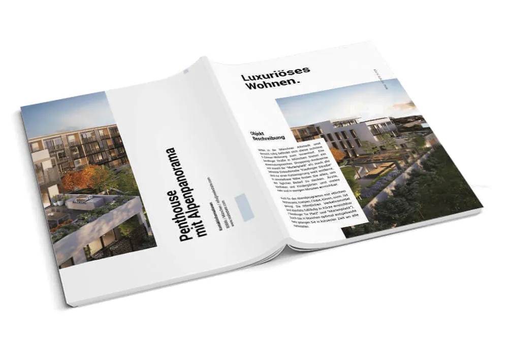 Aufgeschlagenes Immobilien-Exposé als gedrucktes Magazin, linke Seite mit dem Titel Penthouse mit Alpenpanorama, rechte Seite mit Objektbeschreibung und Außenaufnahmen